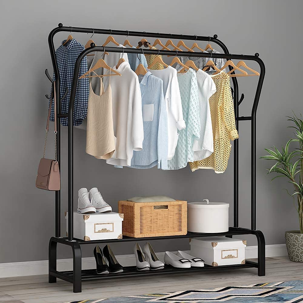 Lukzer Multipurpose Curved Metal Double Garment Rack: Heavy-Duty Clothes Rail with Double Poles, 2 Bottom Shelves, Side Hook; Ideal for Bedroom, Living Room (Black, 34 x 110 x 148cm)