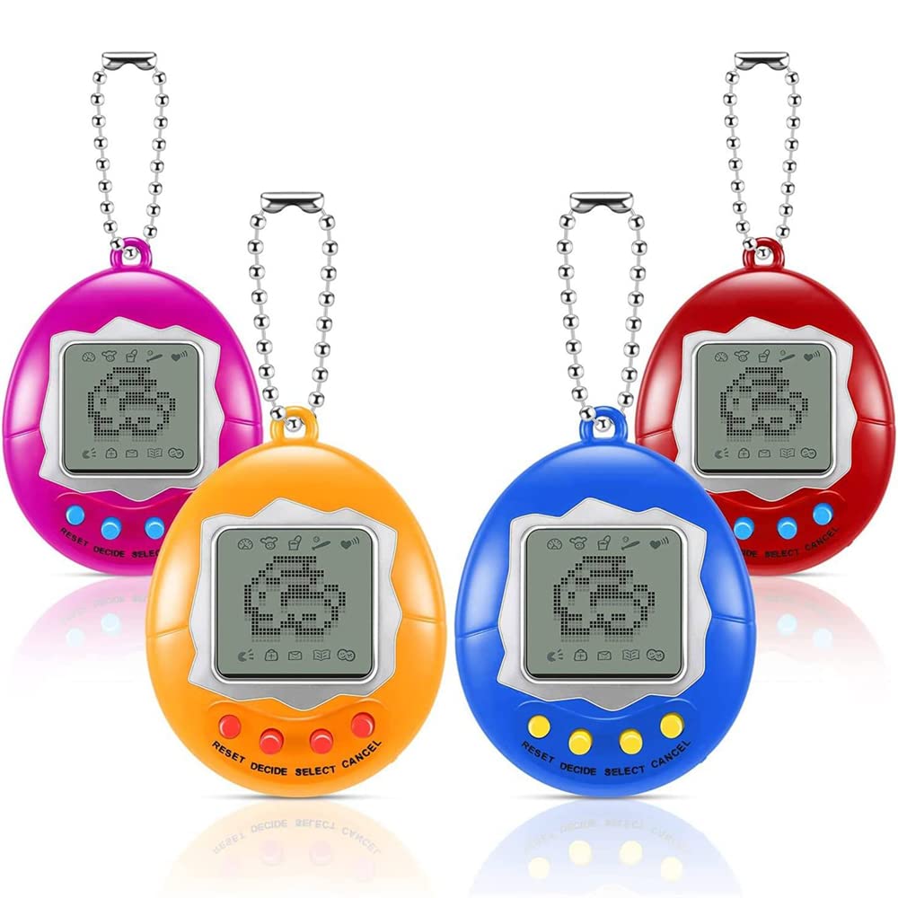 4 Pcs Virtual Electronic Digital Pets Keychain, Game Keyring, Virtual Digital Pet Retro Handheld Game Machine, Nostalgic 90s Toy for Boys Girls, Party Favor, Electronic Toys (Blue, Pink, Red, Yellow)