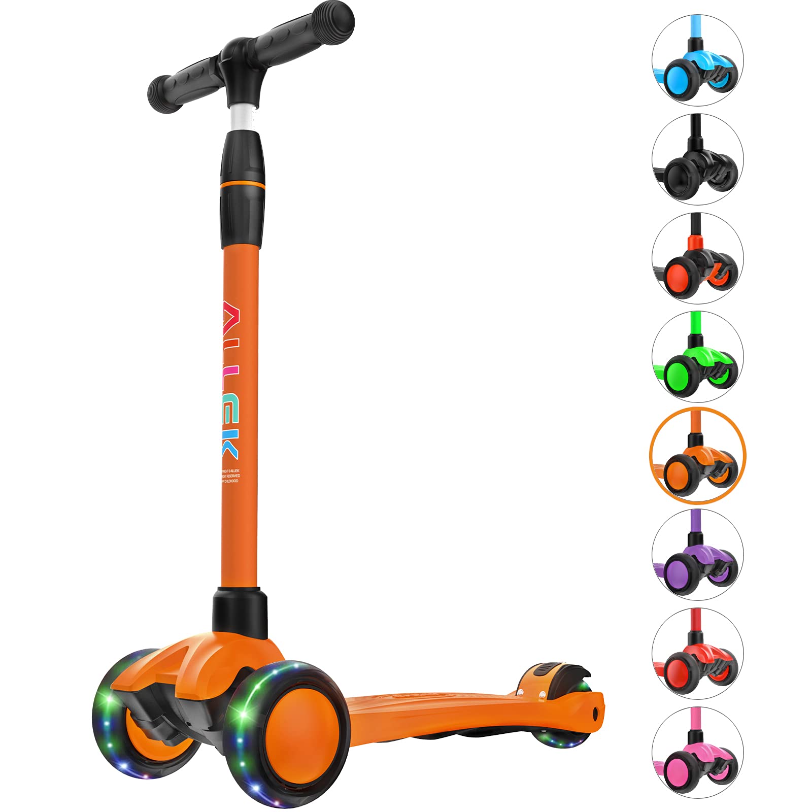 Allek Kick Scooter B03, Lean 'N Glide 3-Wheeled Push Scooter with Extra Wide PU Light-Up Wheels, Any Height Adjustable Handlebar and Strong Thick Deck for Children from 3-12yrs (Orange)