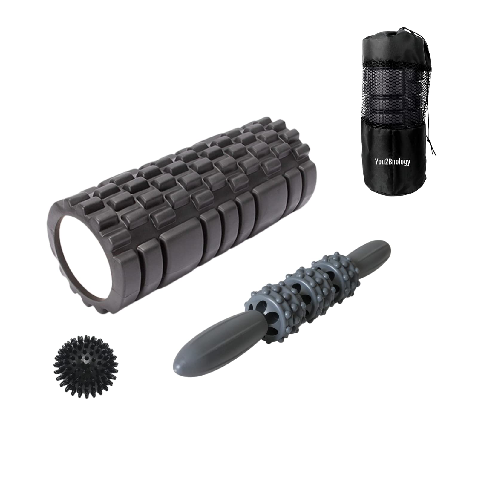 You2bnology 4-in-1 Foam Roller Kit for Deep Tissue Massage, 33cm Muscle Roller Stick and Massage Ball for Physical Therapy Pain Relief Myofascial Release Balance Exercise (Black)