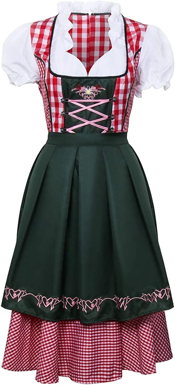 NUWIND Womens German Beer Festival Costume Bavarian Traditional Oktoberfest Halloween Party Maid Plaid Fancy Dress Outfit (M)