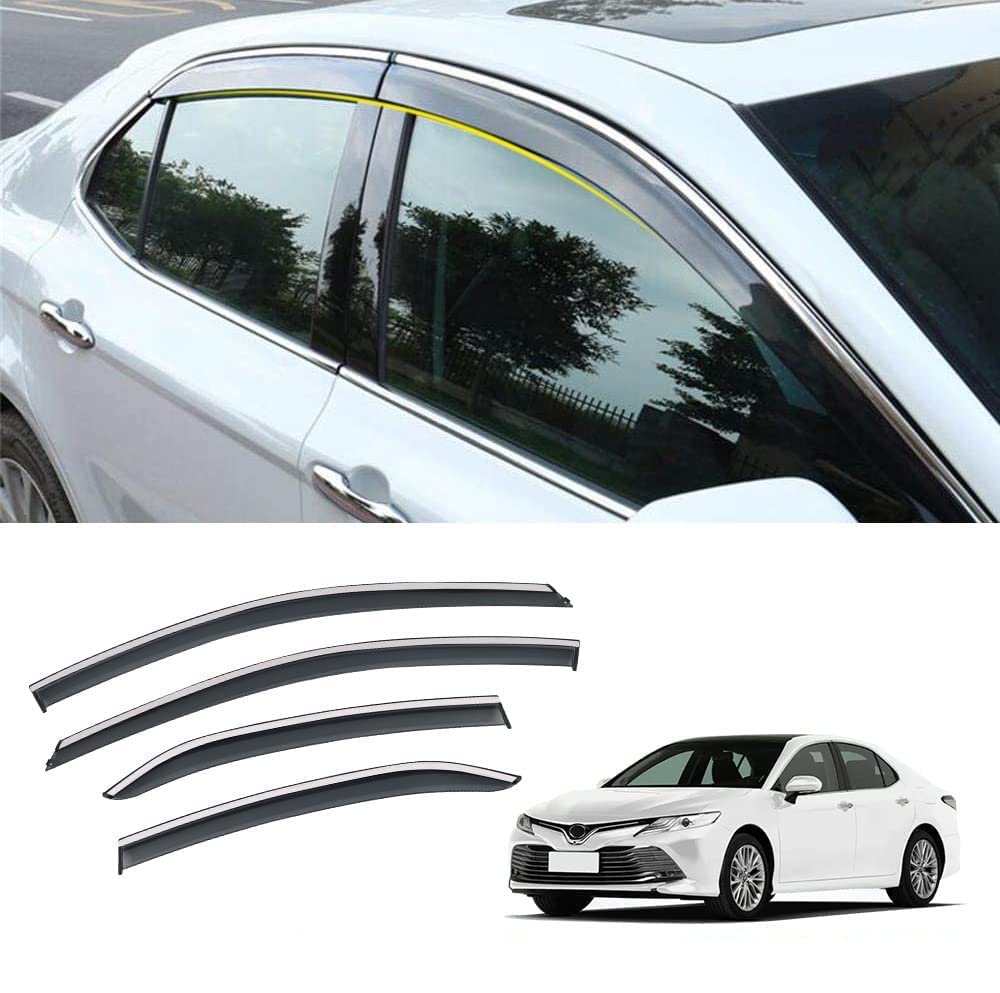 VesulCompatible with Toyota Camry 2018-2024 L LE SE XLE XSE Hybrid Tape on Polycarbonate Rain Guards Window Visors Window Wind Deflector Shield Cover with 304 Stainless Steel Trim