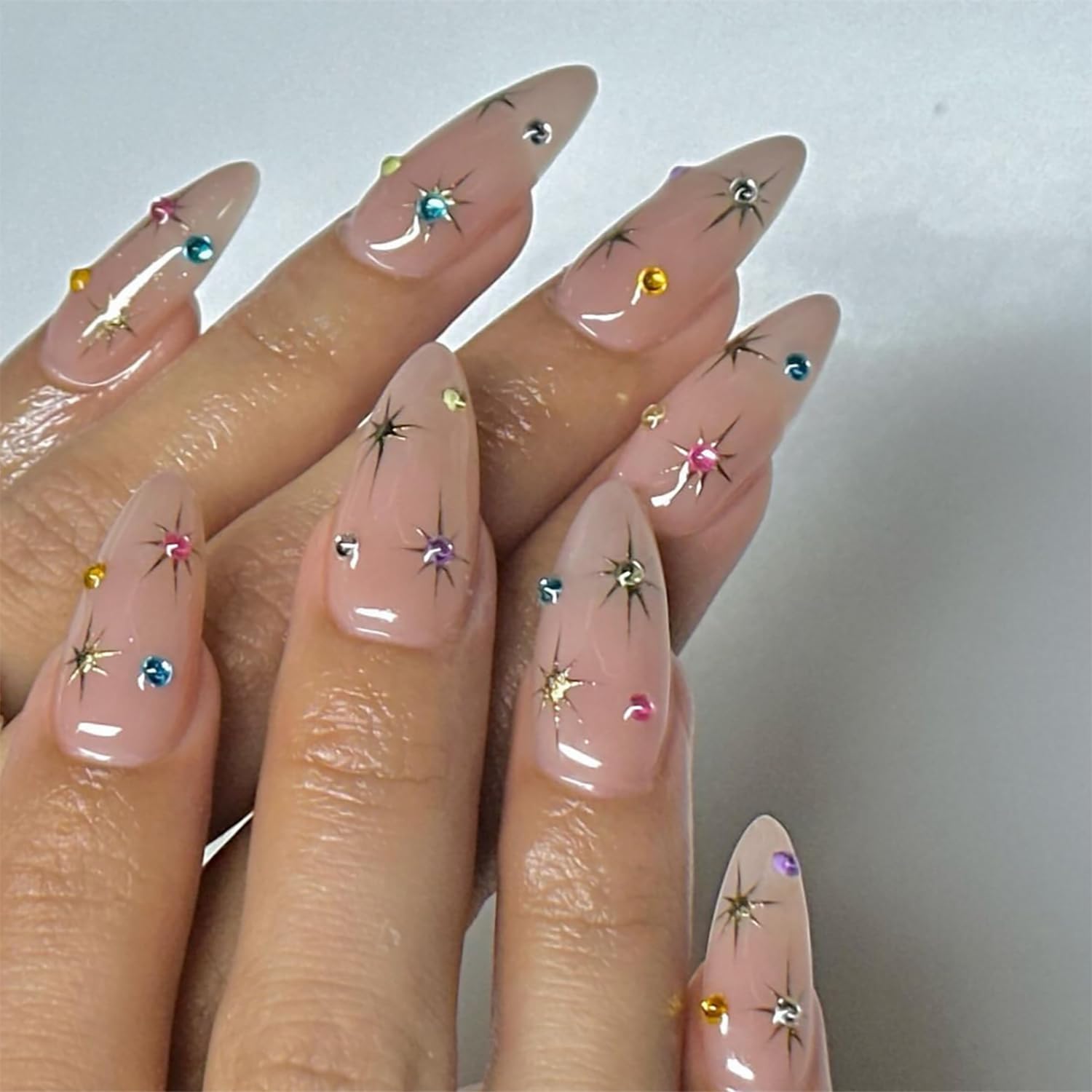 24 Pcs Star Press on Nails Medium Length Almond Shape Fake Nails with Charms Colorful Rhinestones Designs Acrylic Nails Full Cover Glossy False Nails Stick on Nails for Women Girls Reusable Nail Sets