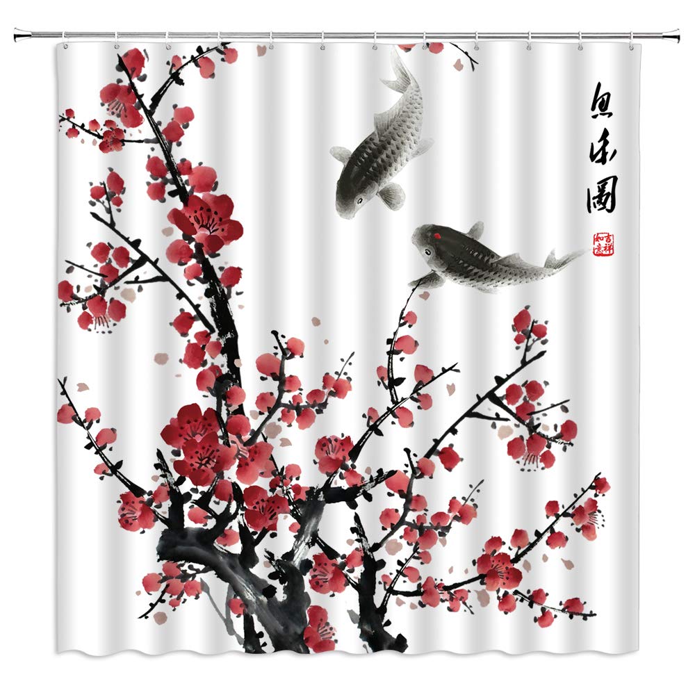 jingjiji Asian Decor Shower Curtain Red Plum Blossom Bloom Trees Branch Tradition Antique Japanese Ink Painting Art Abstract Natural Bathroom Decoration Polyester Fabric (White, 80 X 70 Inch)