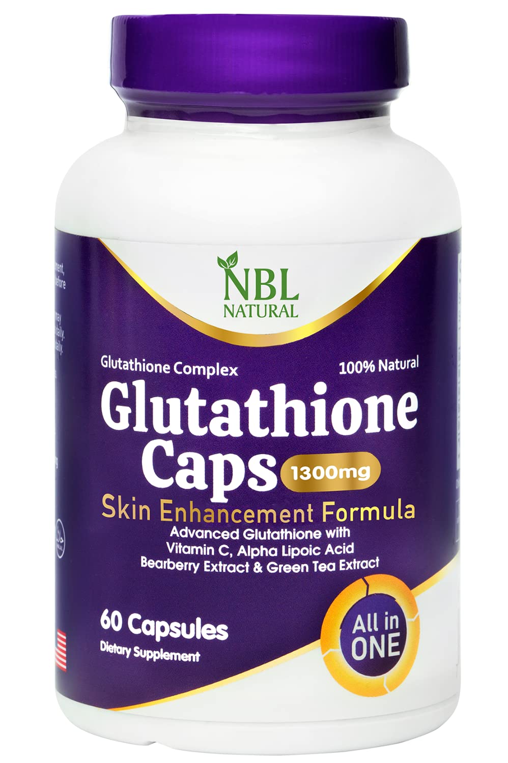 NBL NATURAL Advanced Glutathione with Vitamin C Supplement with Alpha Lipoic Acid, Bearberry Extract and Green Tea Extract, Support Skin Whitening 60 Capsules