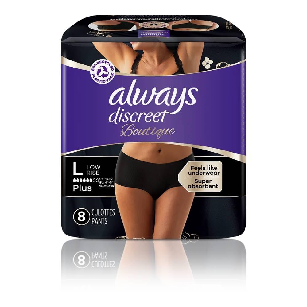 Always Discreet Boutique Incontinence Pants Women, Large, UK Dress Size 16-22, Black, Absorbency 6, 8 Underwear/Knickers, Heavy Bladder Leak Protection/Maternity Postpartum, Odour Neutraliser