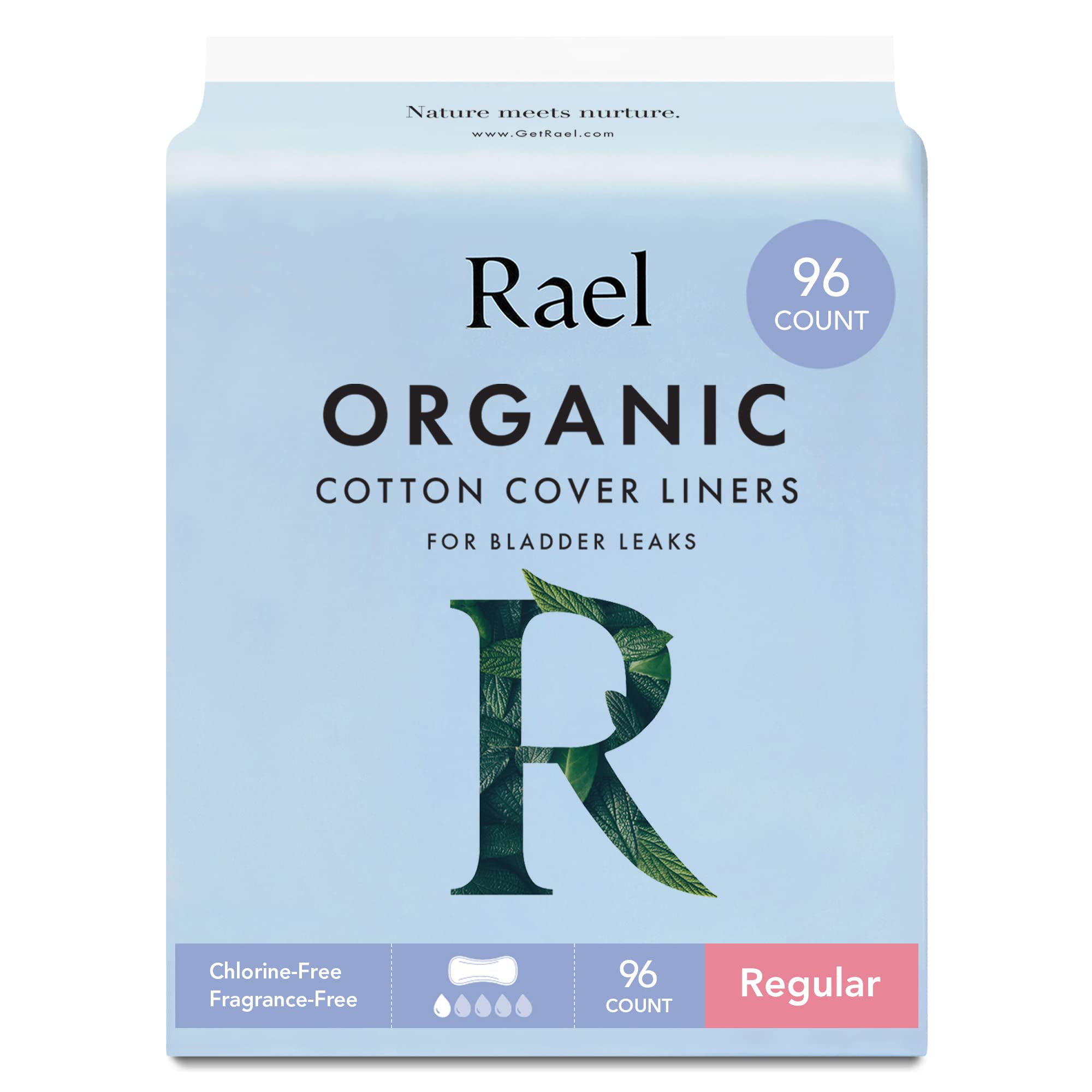 RaelIncontinence Liners for Women, Organic Cotton Cover - Postpartum Essential, Regular Absorbency, Bladder Leak Control, 4 Layer Core with Leak Guard Technology, (Regular, 96 Count)