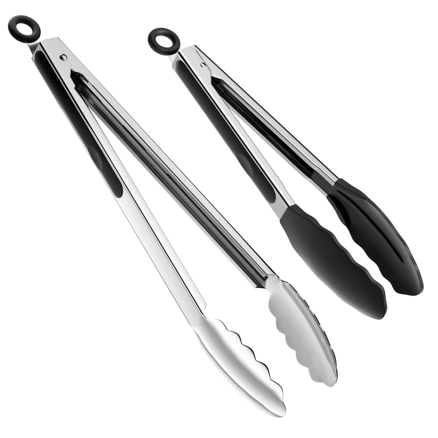 ChefAide Set of 2 Cooking Tongs,18/8 Stainless Steel and Silicone Rubber Grips with 600ºF High Heat-Resistant,Kitchen Utensils,Cooking Utensils for Grill,Salad,BBQ,Frying,Baking,Serving 9/12 inches