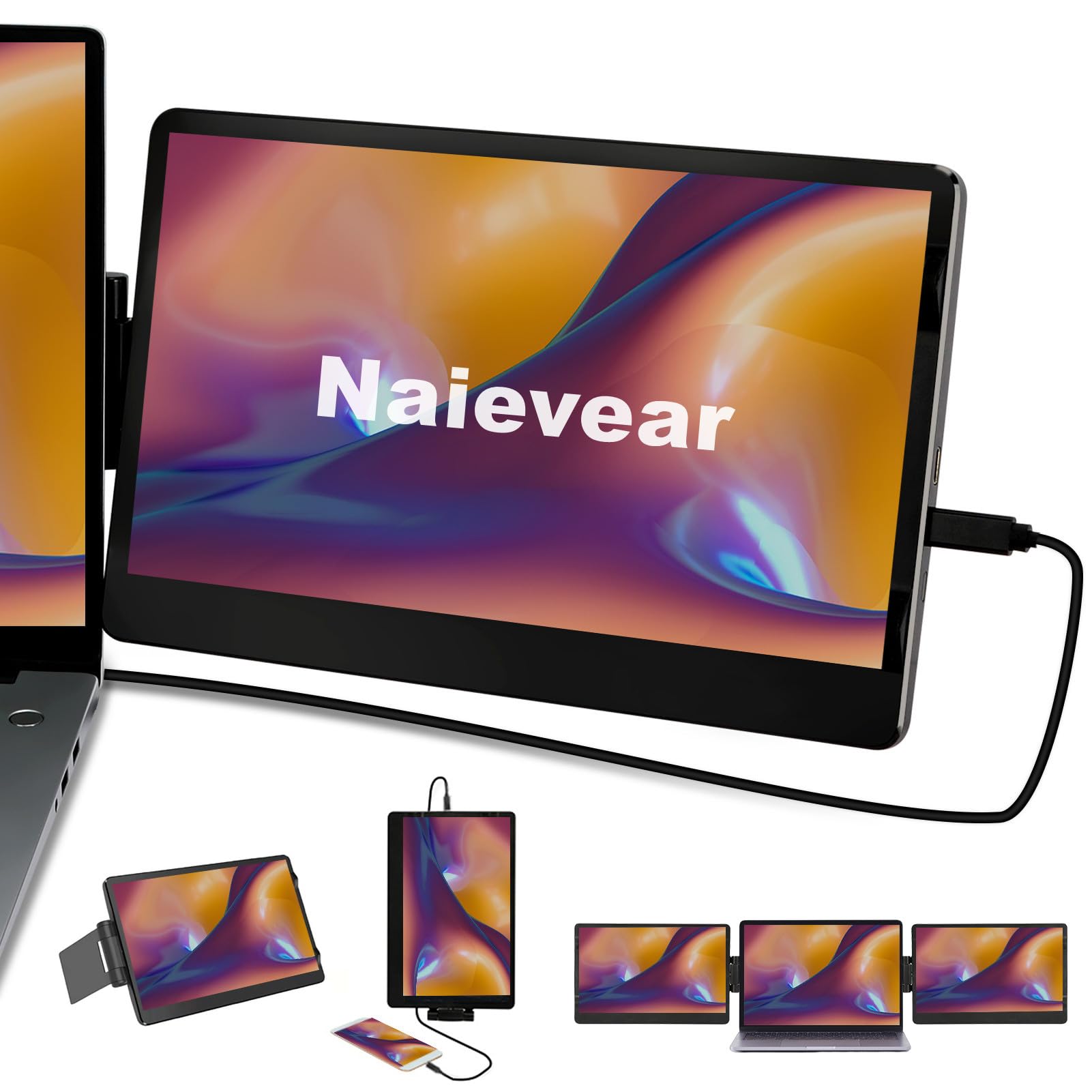 Naievear Portable Monitor,14.1inch FHD 1920 x 1080 External Monitor Second Screen for Laptop PC Smartphone