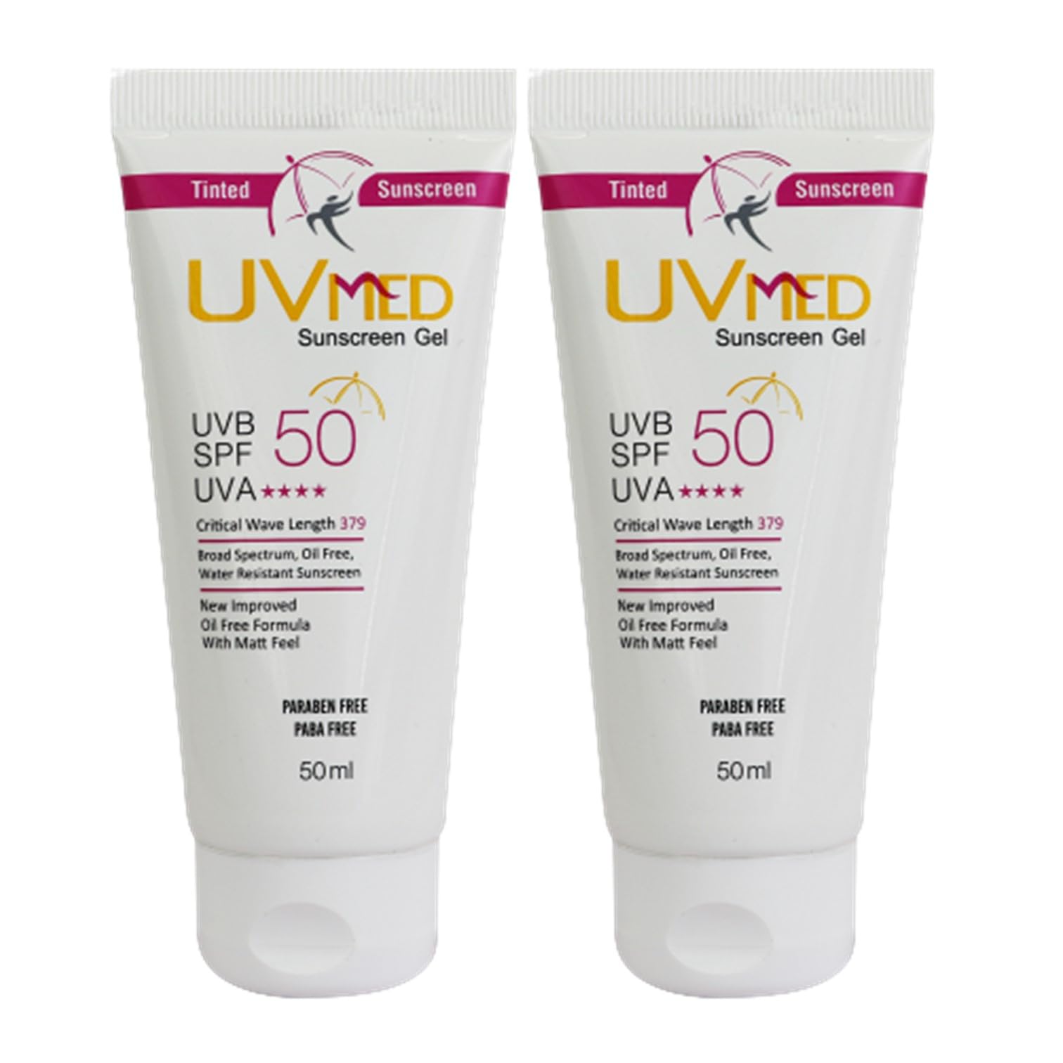 Uvmed Tinted Sunscreen Gel, SPF 50 UVA, Pack of Two, 50 ml each