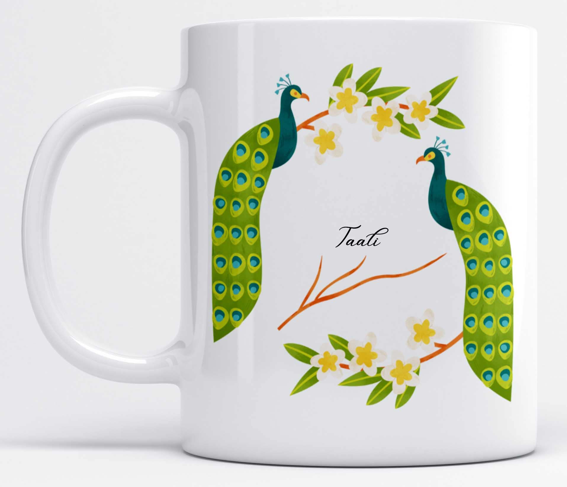 LOROFY Name Taali Beautiful Peacock Printed White Ceramic Coffee Mug (350ML)