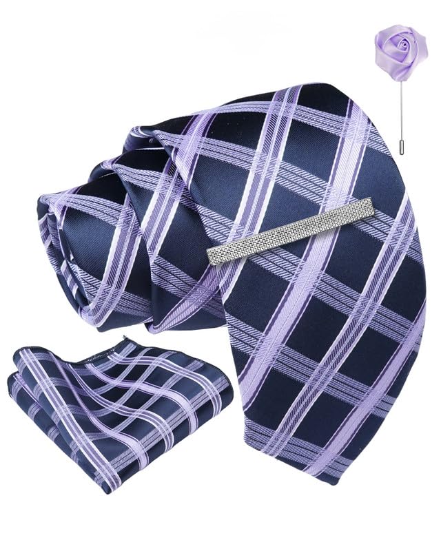 AXLONCheckered Tie For Men – Formal Ties Set With Pocket Square, Cufflink, Tie Clip & Flower Pin With Gift Box For Mens (AXFCH)