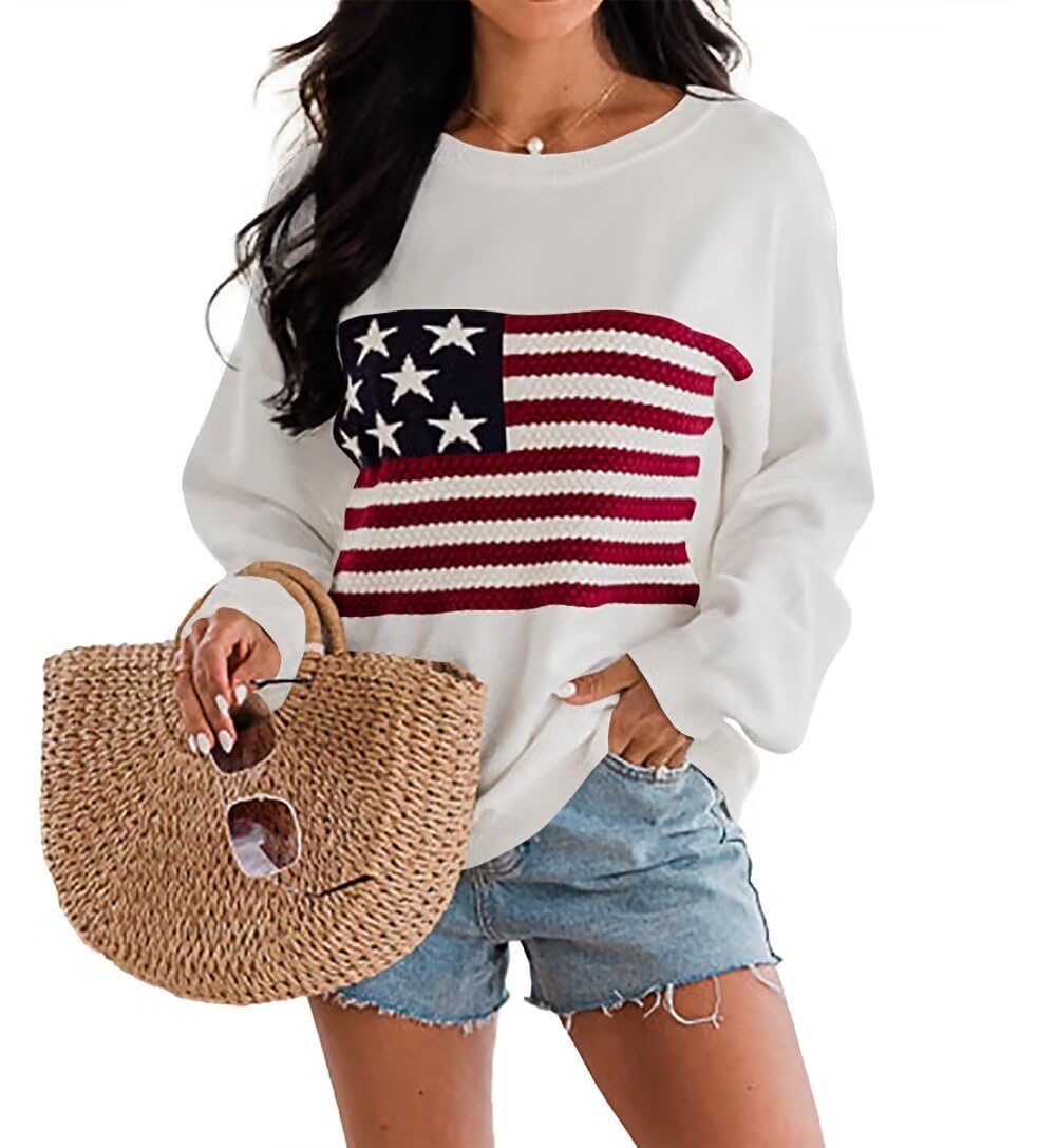 DressmineWomens American Flag Sweater Knit Long Sleeve Crew Neck Graphic Elegant Soft Loose Pullover