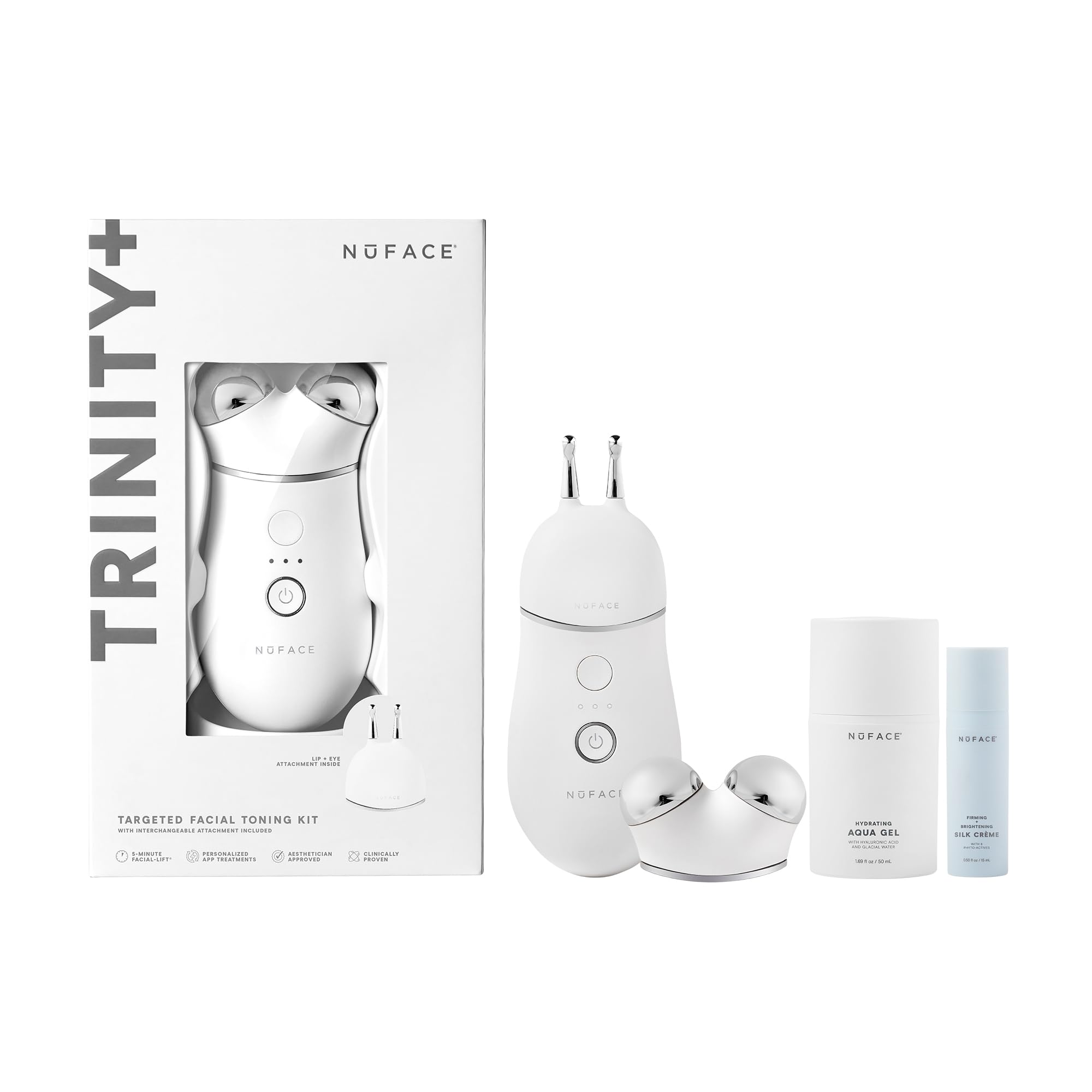 NuFACE Trinity+ Microcurrent Facial Device + Effective Lip & Eye Attachment - FDA Cleared Skin Tightening & Face Toning Device for Targeted Treatment + Microcurrent Gel Activator, Silk Crème & Brush