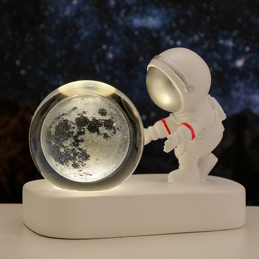 Astronaut 3D Crystal Night Light Crystal Glass Ball Universe Gifts with Laser Engraved Model Space Astronomy Planets Kids Night Light Sphere Home Decor Best Gifts for Children & Adults (3D-Moon)