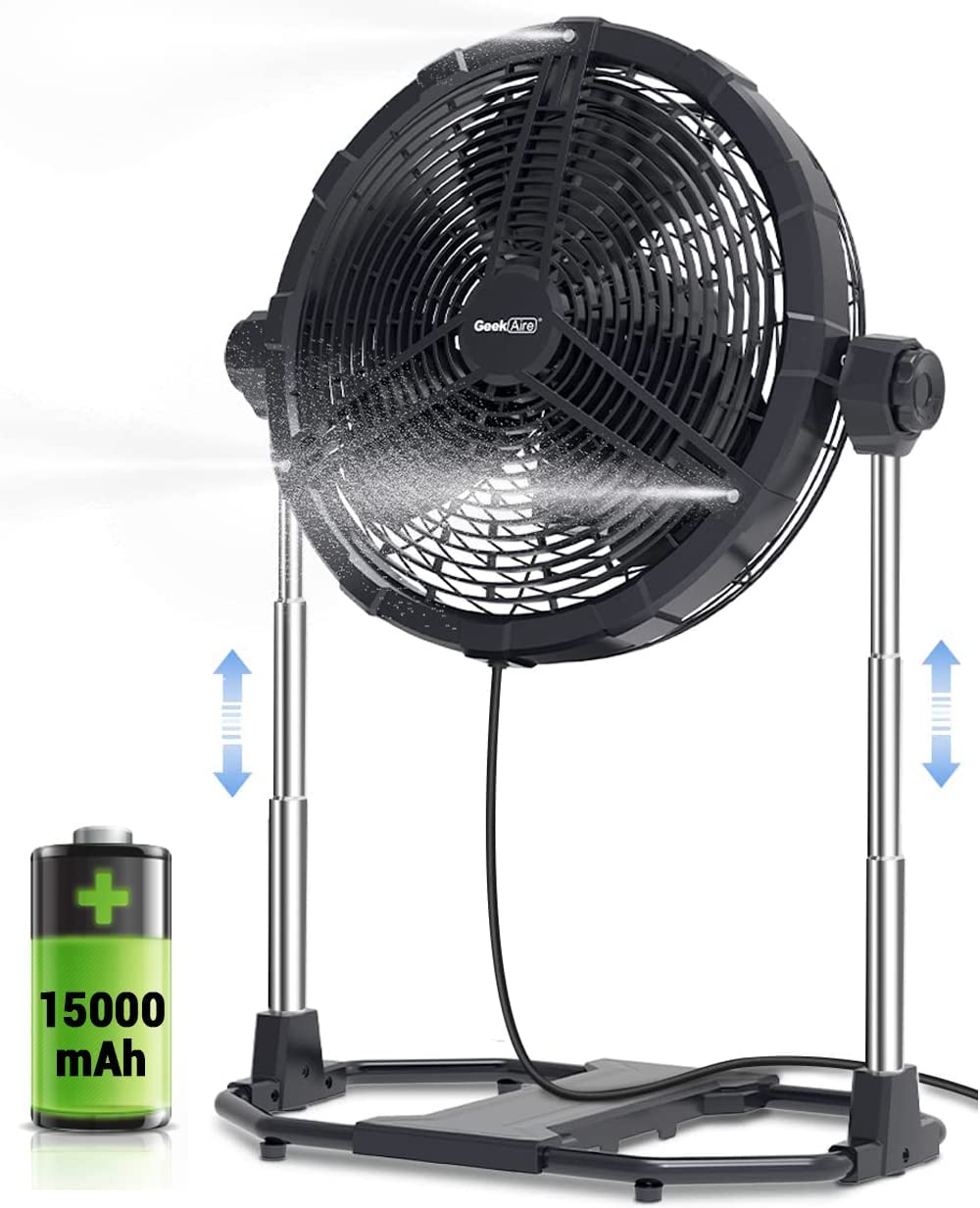 Geek Aire Battery Operated Fan with Adjustable Height and tilt, 16'' Portable Rechargeable High Velocity Misting Floor Fan with Detachable Battery, Up to 10 Hours for Outdoor Patio and Camping Gear