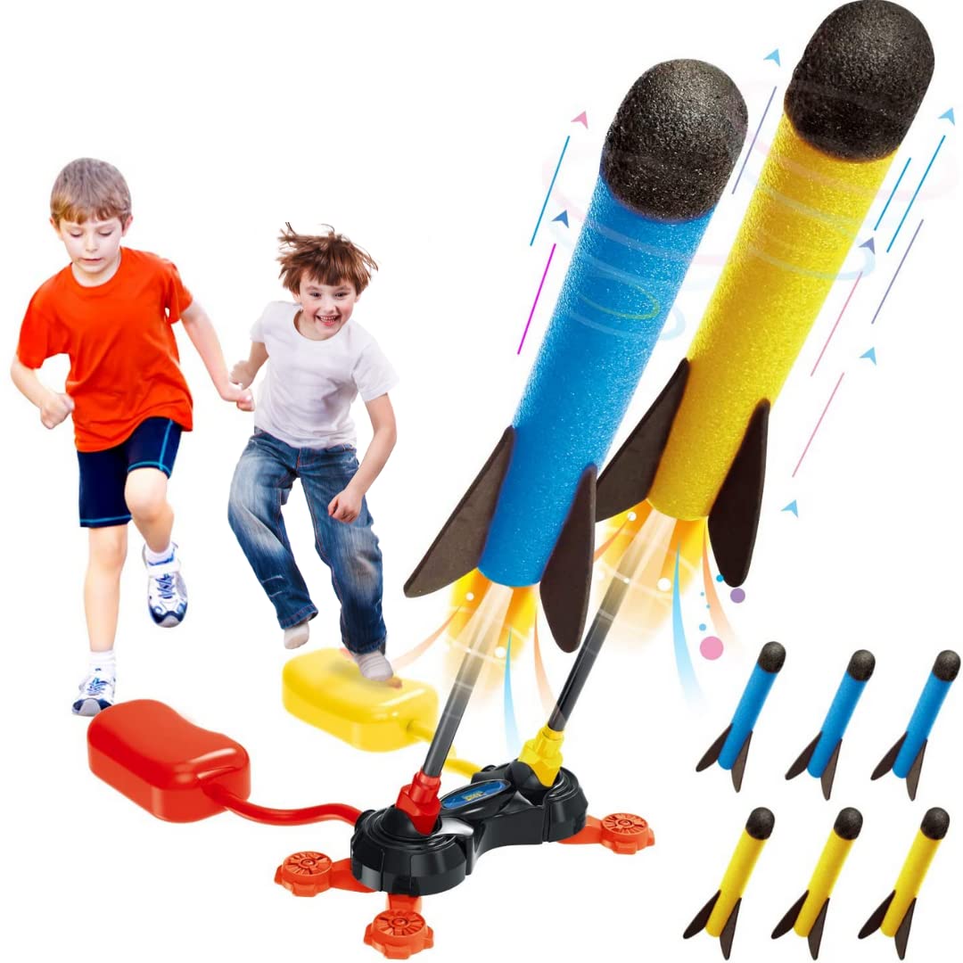 PLUMO PLUMOToys Dual Stomp Rocket Launcher Toy for Kids| Stomp Kids Foam Rockets With 6 Foam Rockets |Shoots Up to 100 Feet|Gift Toys for 3 4 5 6 7 8 9 10 11 Year Old Boys Girls