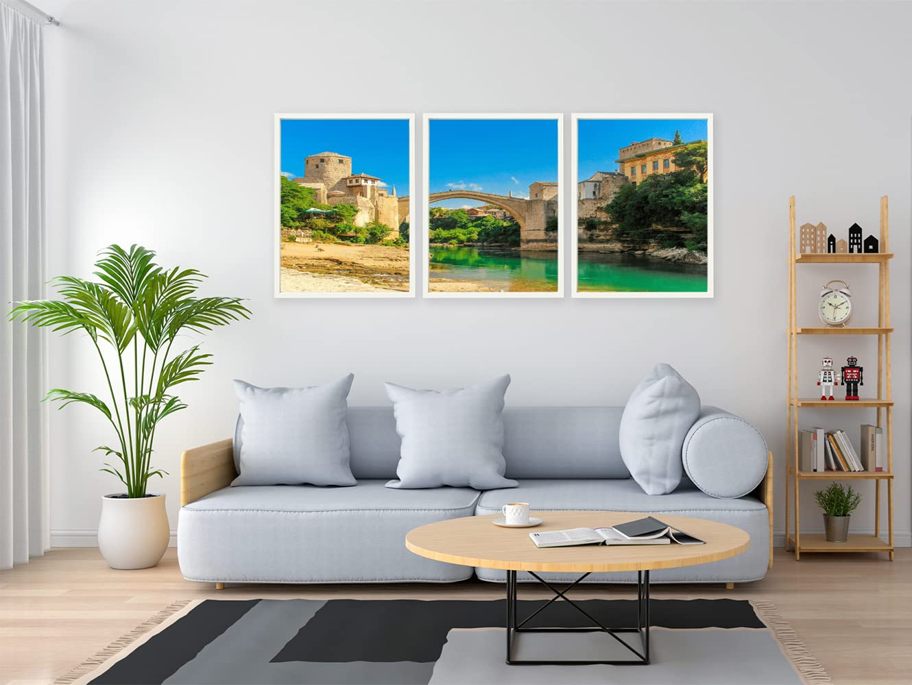 VERRE ART White Floater Framed Canvas - Wall Decor for Living Room, Bedroom, Office, Hotels, Drawing Room (46in X 27in) - Old Bridge View From Neretva