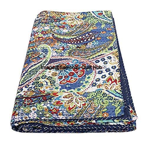 Queen/Twin/King Quilting Indian Handmade Blue Paisley Print Kantha Quilt Cotton Kantha Blanket Bed Cover Sofa Cover Kantha Bedspread Bohemian Bedding (90X108 inch)