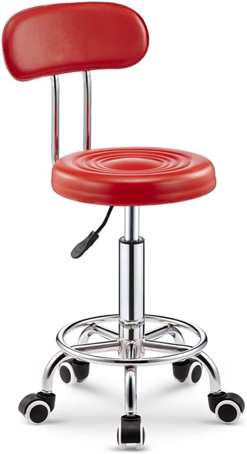 Round Bar stools,Metal Swivel stool with Backrest ，Adjustable Height Bar Chair with Wheels，for Home，Office，Kitchen，Barbershop，Bar，Spa (with Wheels, Red)