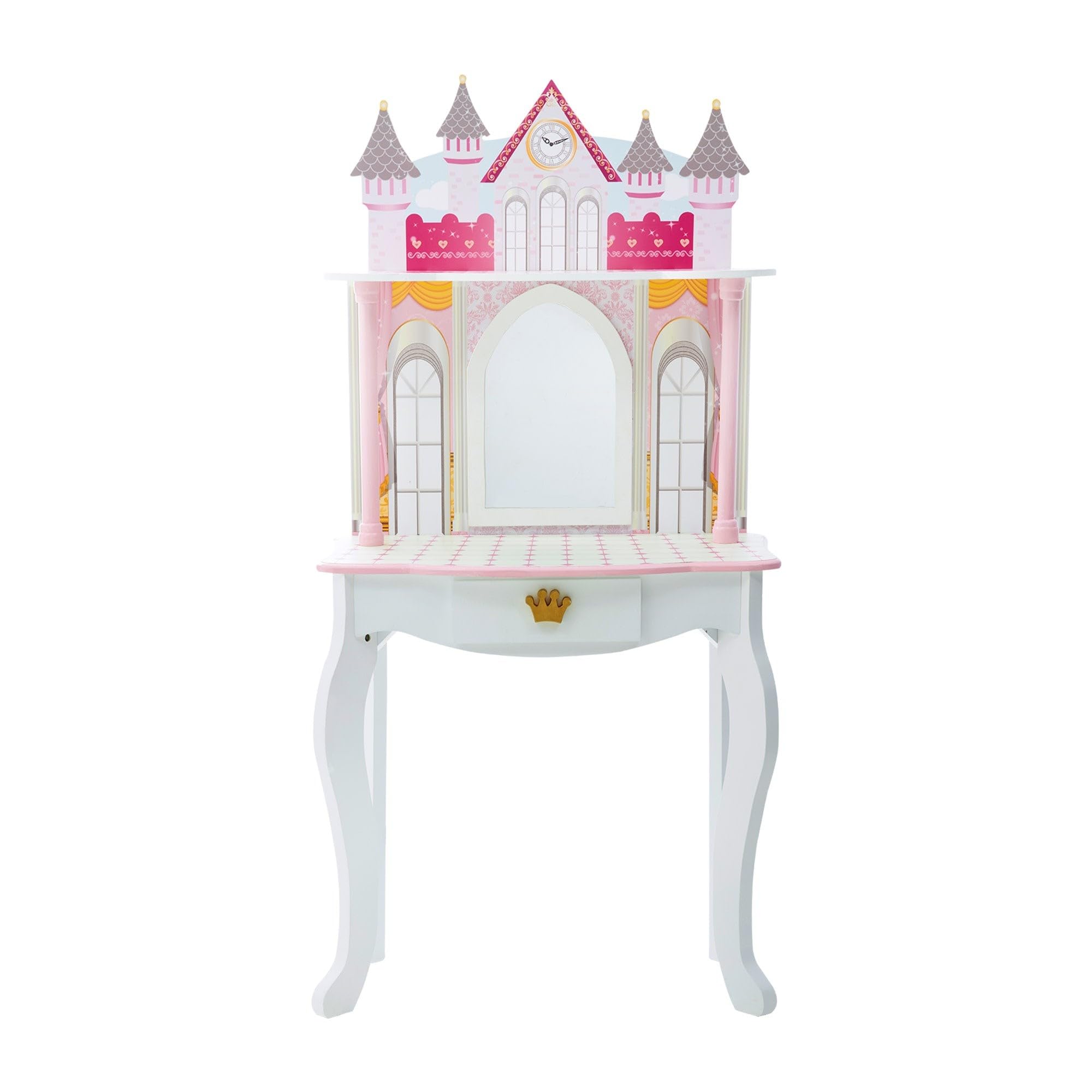 Teamson Kids Dreamland Princess Play Vanity Set with Mirror, Shelf, Storage Drawer, Stool, and Accessories for 12" Dolls, White an Pink