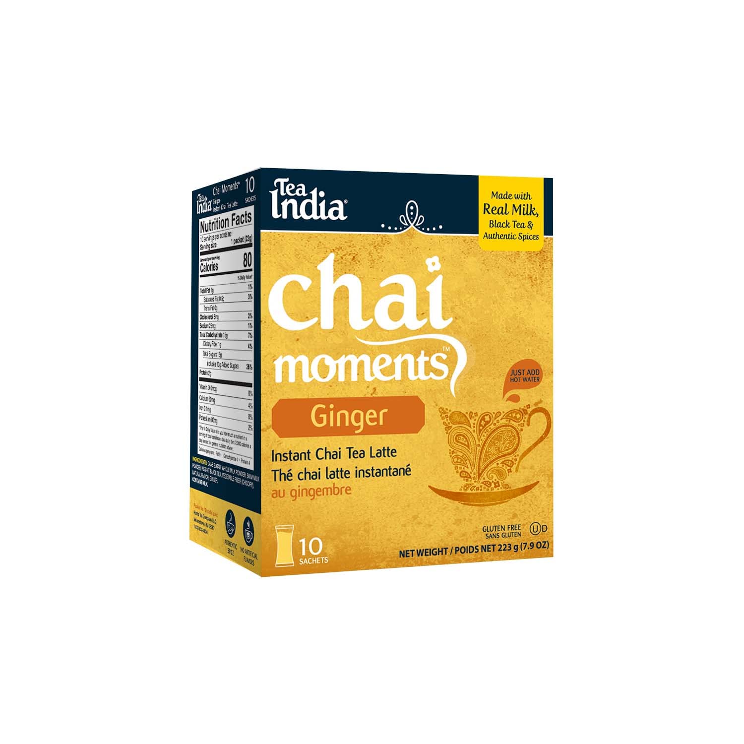 Tea IndiaChai Moments Ginger Chai Tea Instant Latte Mix Flavorful Blend Of Premium Black Tea, Ginger & Natural Ingredients Traditional Indian Caffeinated Tea Individually Wrapped 10 Sachets