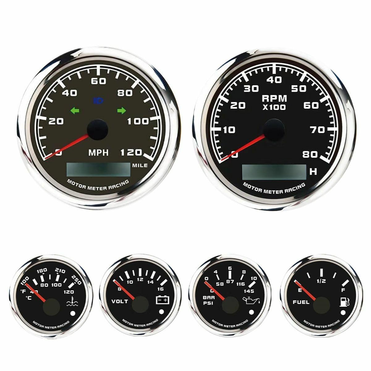 MOTOR METER RACING W PRO Series 6 Gauge Set - 85mm 3-3/8" GPS Speedometer with Turn Signal High Beam & Tachometer 52mm 2-1/16" Volt, Fuel Level, Water Temperature & Oil Pressure Black Dial White LED