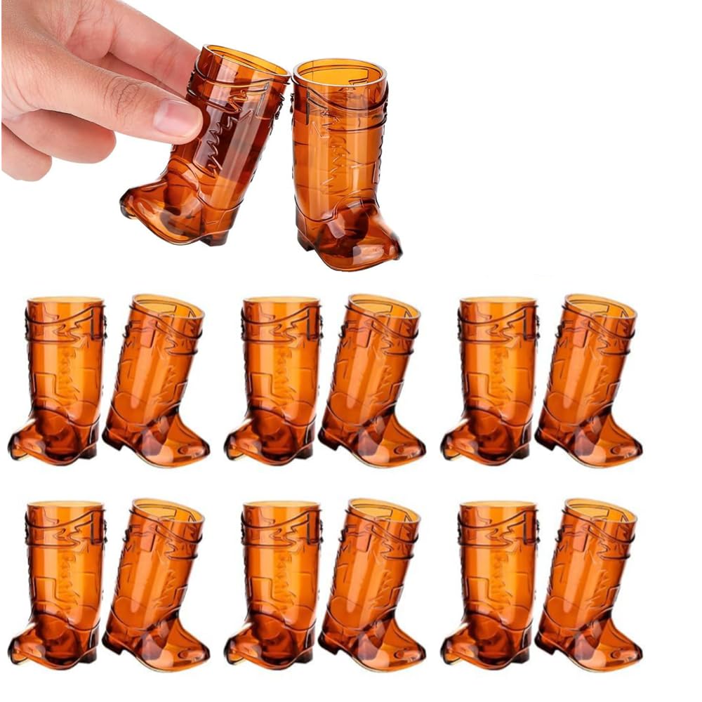 XIGUI 12 Pieces 1oz Clear Cowboy Glasses Mini Cowboy Boot Shot Glasses Plastic Western Cowboy Boot Cups Reusable for Cowboy Cowgirl Party, Bachelorette Party, Wedding Decor Supplies (Brown)