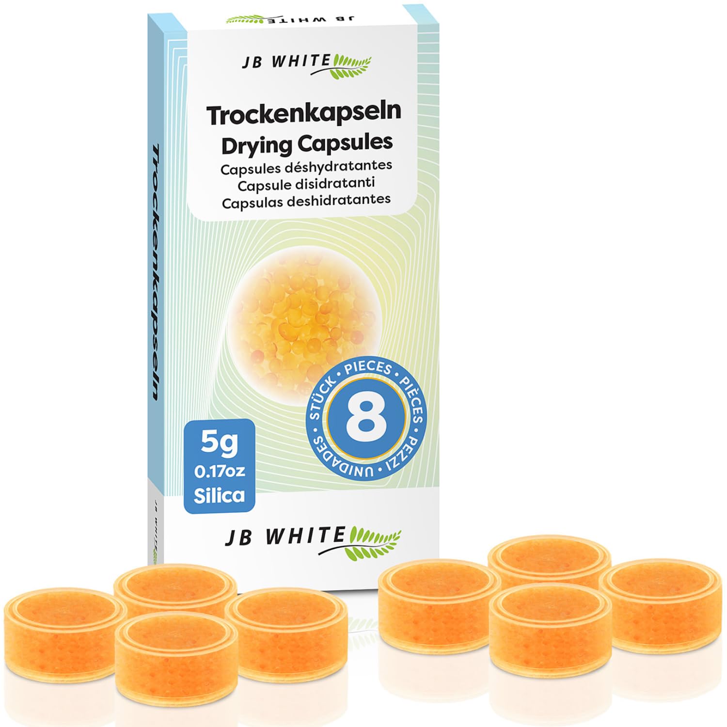 JB White 8 pcs Drying Tablets/Capsules for Hearing aids and earmolds, Orange Silica, Against Moisture, Hearing Aid Desiccant Compatible with Phonak, Cedis (8X, Color Indicator, Individually Sealed)