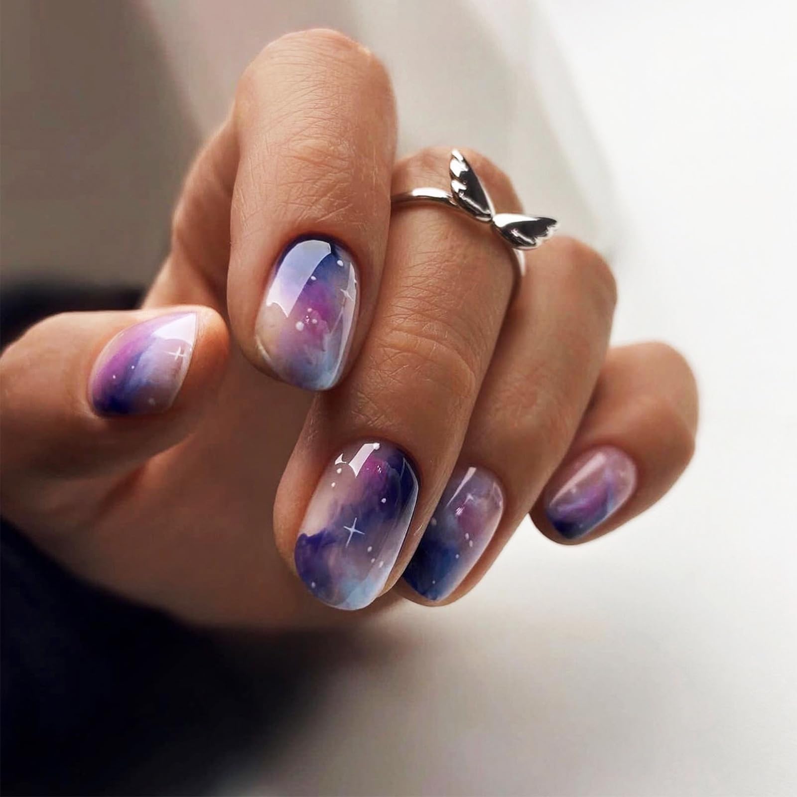 Short Square Purple Marble Press on Nails Blue Gradient False Nails Starlit Sky Gel Glue on Nails Glossy Purple Ombre Acrylic Fake Nails Blooming Blue Stick on Nail for Coquette Women 24Pcs