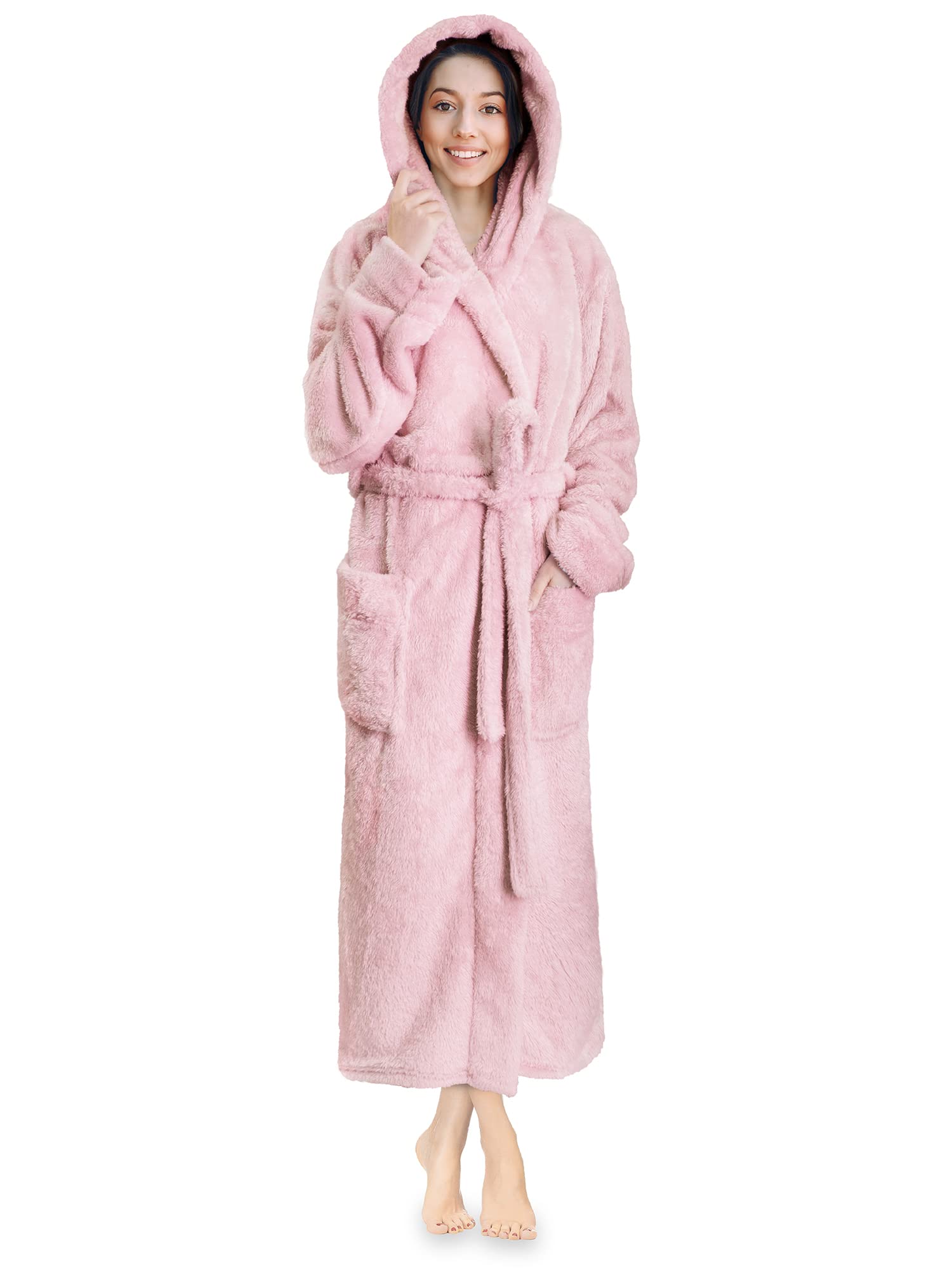 PAVILIAWomen Hooded Plush Soft Robe | Fluffy Warm Fleece Sherpa Shaggy Bathrobe