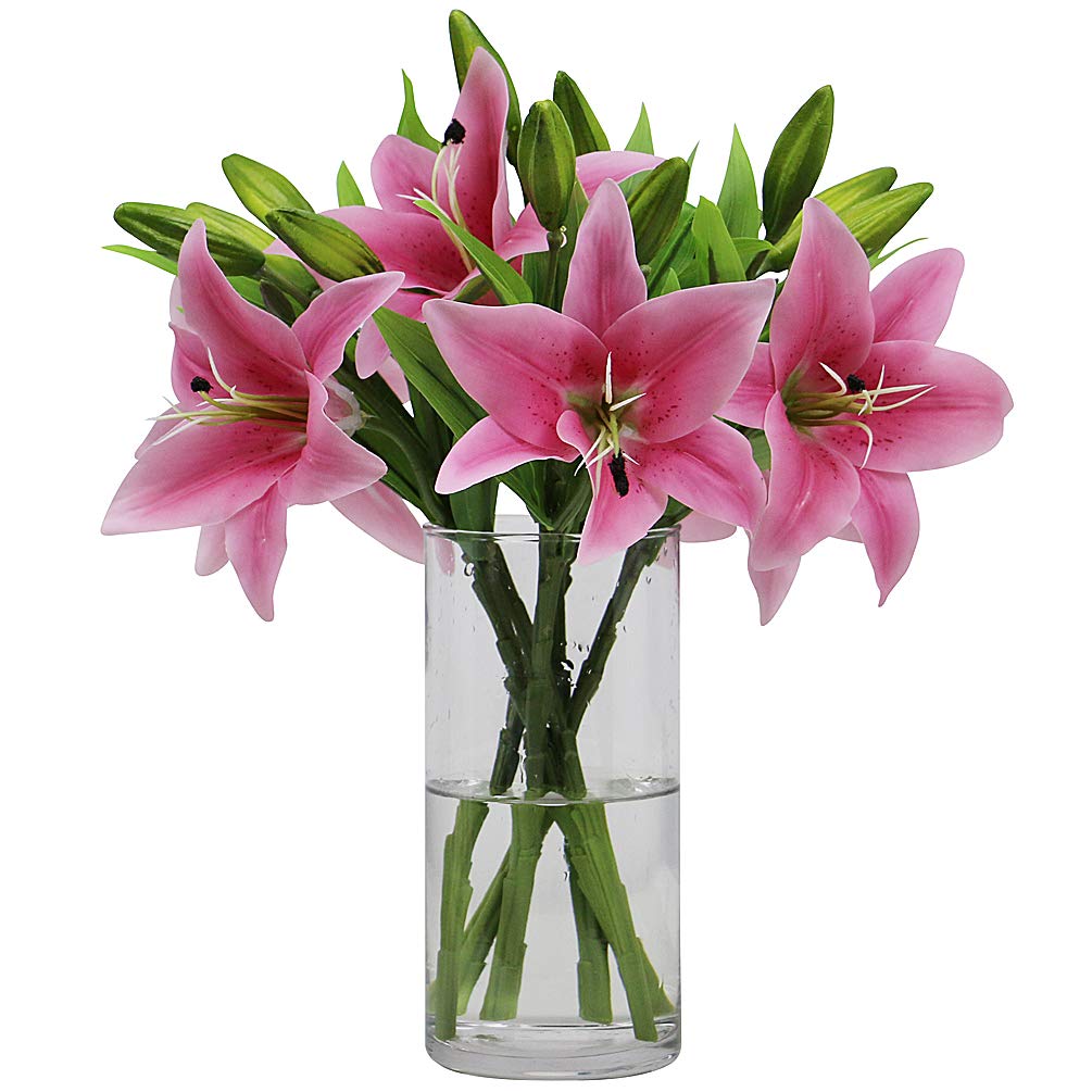 Omygarden6pcs Pink Artificial Tiger Lily Flower, Fake Plastic Lily Flower Bouquet, Home Office Wedding Party Decoration, WITHOUT VASE