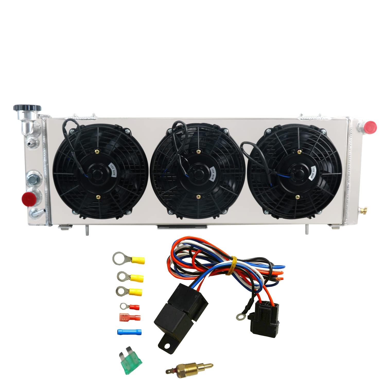 OzCoolingParts Full Aluminum Radiator + 3 x 9" Cooling Electric Fan w/Shroud + Thermostat/Relay Wire Kit for 1991-2001 92 93 94 95 96 97 98 99 00 Jeep Cherokee XJ/Comanche 2.5 4.0, L4 V6 Auto Engine