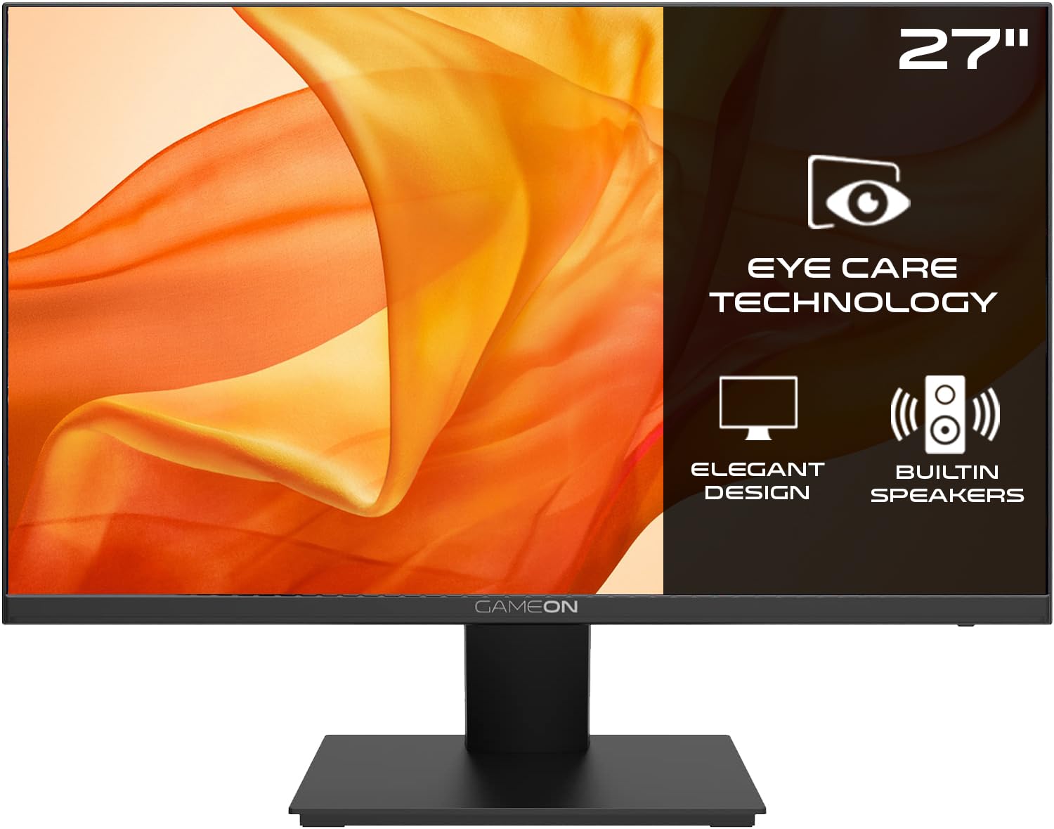 GAMEON 27 inch monitor, Full HD 1920x1080p HDMI and VGA with Ergonomic Tilt, Eye Care Technology with Blue Light Filter and Anti-Glare, Adaptive-Sync and Built-in-speakers