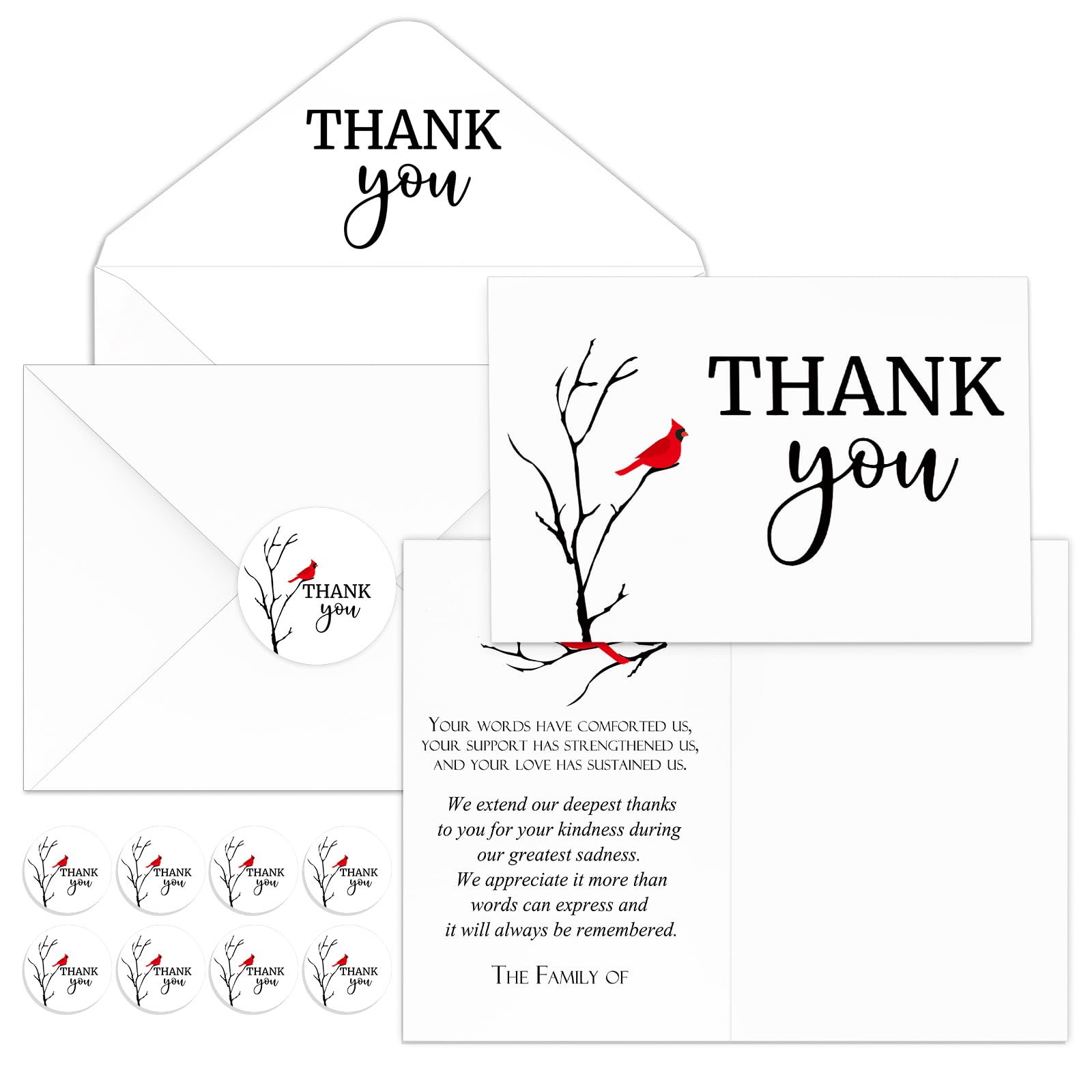 25 Pack Thank You Sympathy Cards Funeral Thank You Cards with Envelopes and Message Memorial Card with Sticker Bereavement Card for Family Friends Loved Ones Celebration of Life (Cardinals)