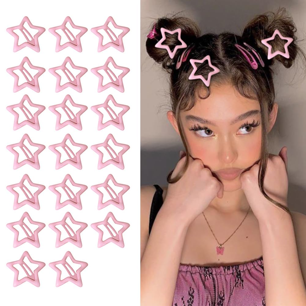 Star Snap Hair Clips for Women Girls 20PCS Pink Metal Star Hair Barrettes Y2K 2000s Non Slip Metal Stars Cute Hair Accessories for Women Girls Toddle