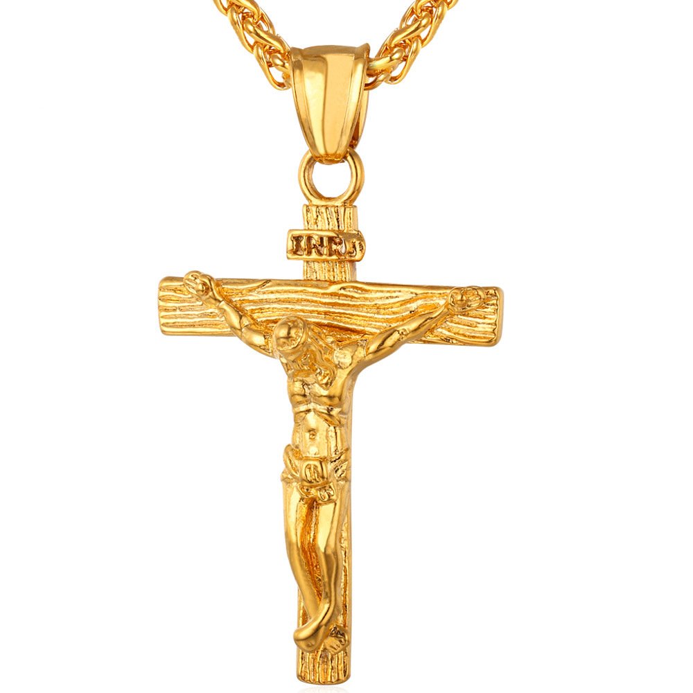 U7Men Crucifix Cross Pendant with Chain Baptism Christian Jewelry Stainless Steel/18K Gold Antique Jesus Necklace, Gift Packed,Length 22"