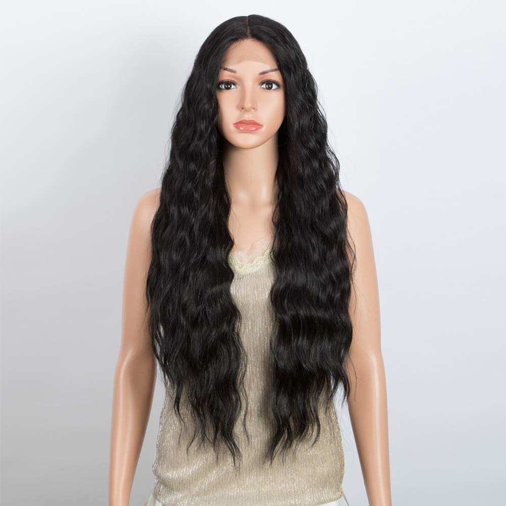 DÉBUTLace Front Wigs 30 inches Water Wave Super Long Wigs 5% Brazilian Human Hair and 95% Heat Resistant Synthetic Wig 240g 6 inches Lace Parting (LACE 30", Natural Black)