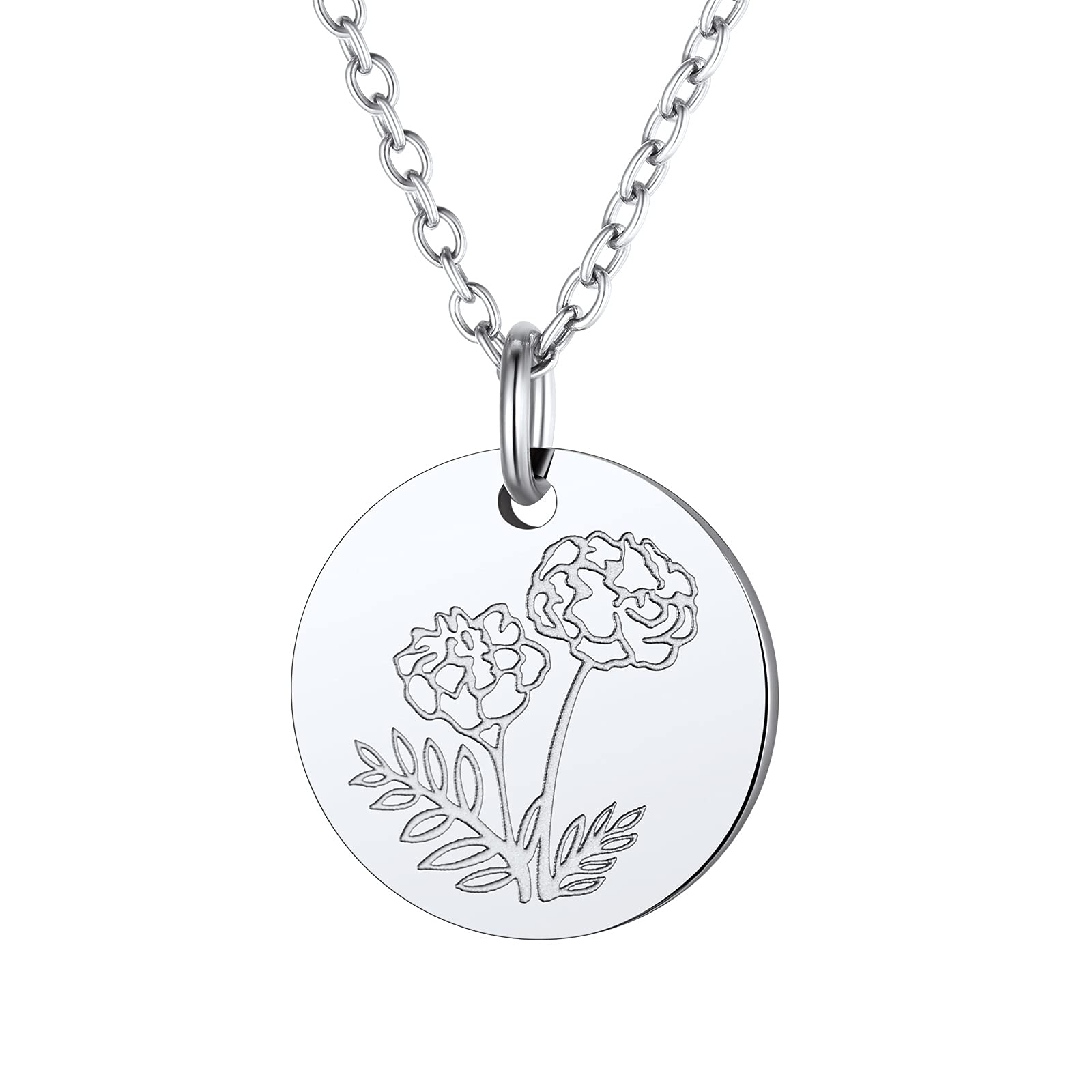 Birth Flower Disc Necklaces for Women Girls October Marigold Guardian Month Flora Pendant Stainless Steel Dainty Round Coin Medal Jewelry Birthday Gifts for Mom