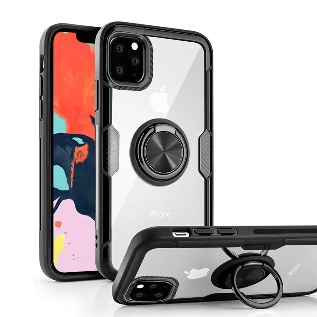 Holahoney iPhone 11 Pro Max Case Clear Hard Cover Slim Rubber Bumper Shockproof Case Hard Crystal PC Panel with 360° Stand Magnetic Rotating Finger Ring Grip Holder Magnetic Car Mount