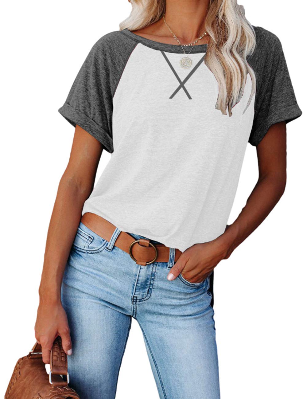 MUCOOWomen's Raglan Short Sleeve Crew Neck Colorblock T Shirt Tops Basic Casual Shirt