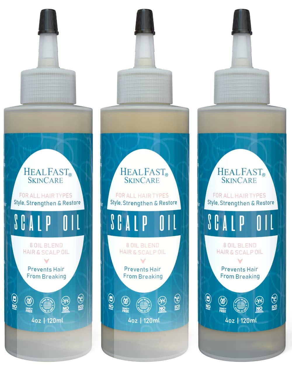 Heal Fast Hair & Scalp Oil (3-Pack) | 8 Natural Oil Blend with Argan Jojoba & Castor Oil for Hair Growth Women - Conditions Styles Strengthens & Restores - All Hair Types and Black Curly - 3 Bottles