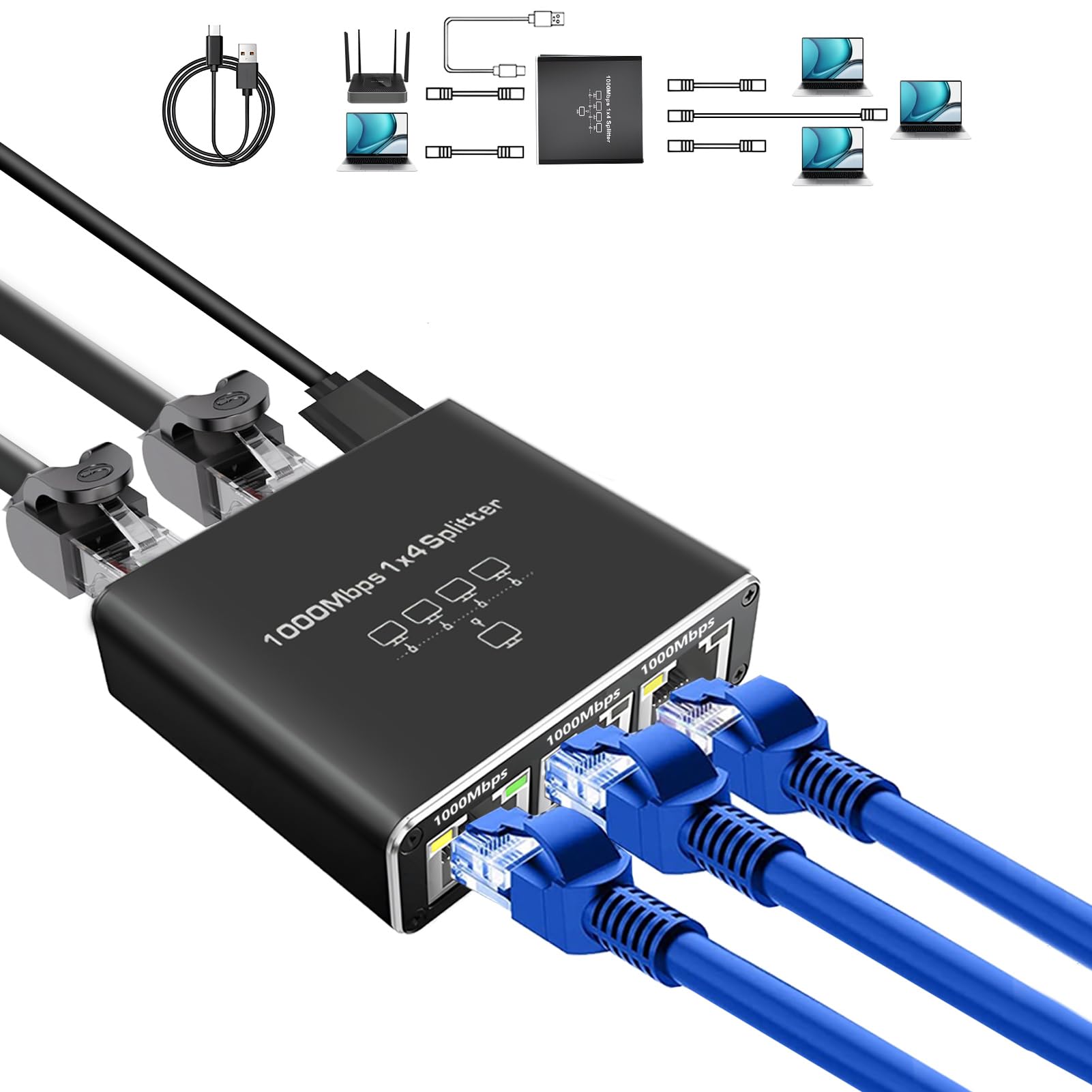 Gigabit Ethernet Splitter 1 to 4 High Speed(4 Devices Simultaneously Networking), Internet Splitter 1000Mbps 1 in 4 out, LAN Splitter with USB Power Cable, RJ45 Splitter for Cat5/5e/6/7/8 Cable