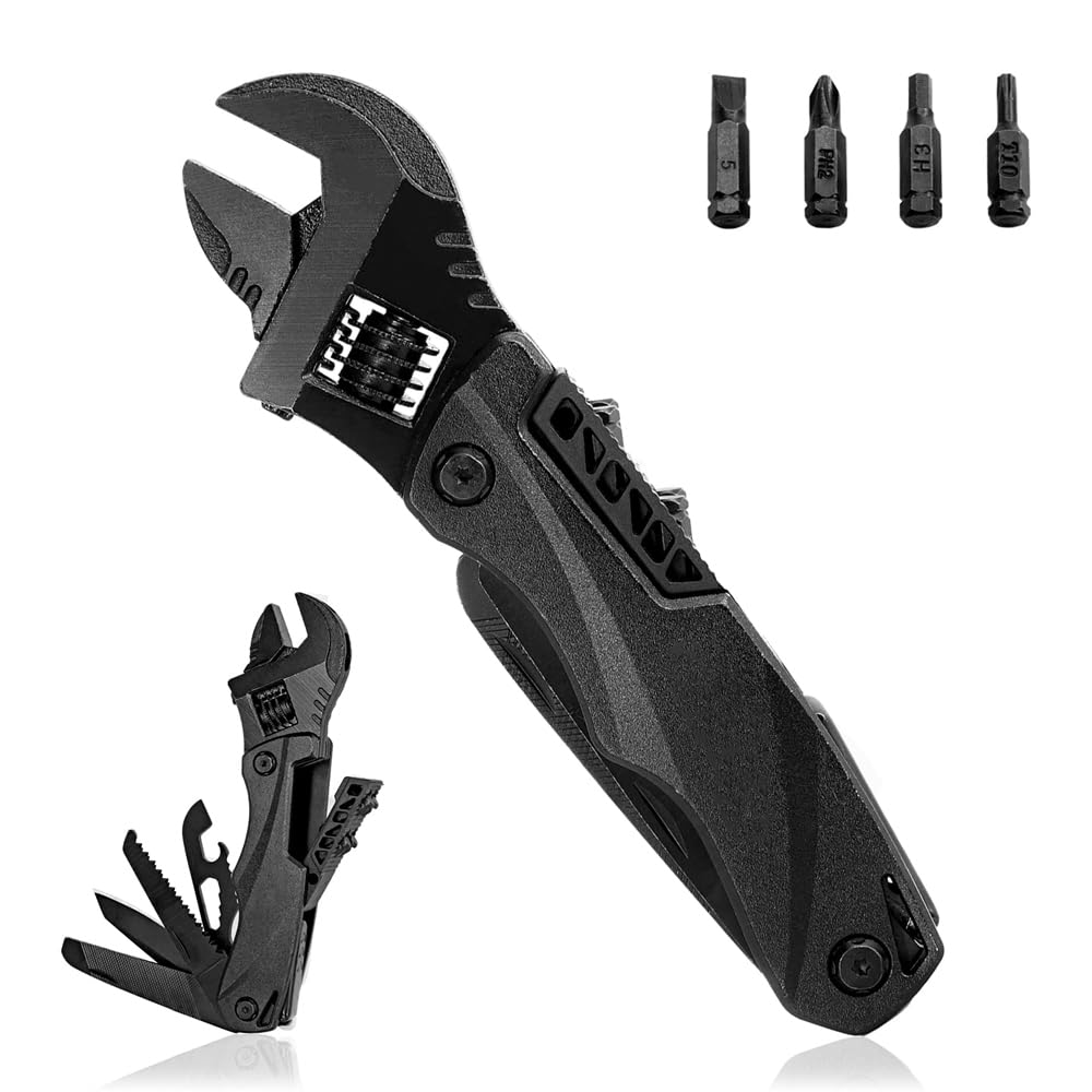 Azonee Adjustable Wrench, Universal Pocket Multifunction Spanner with Flathead Phillips Screwdriver Nail File Bottle Can Opener, Compact Survial Gear Camping Accessory, for Small Projects Repairing