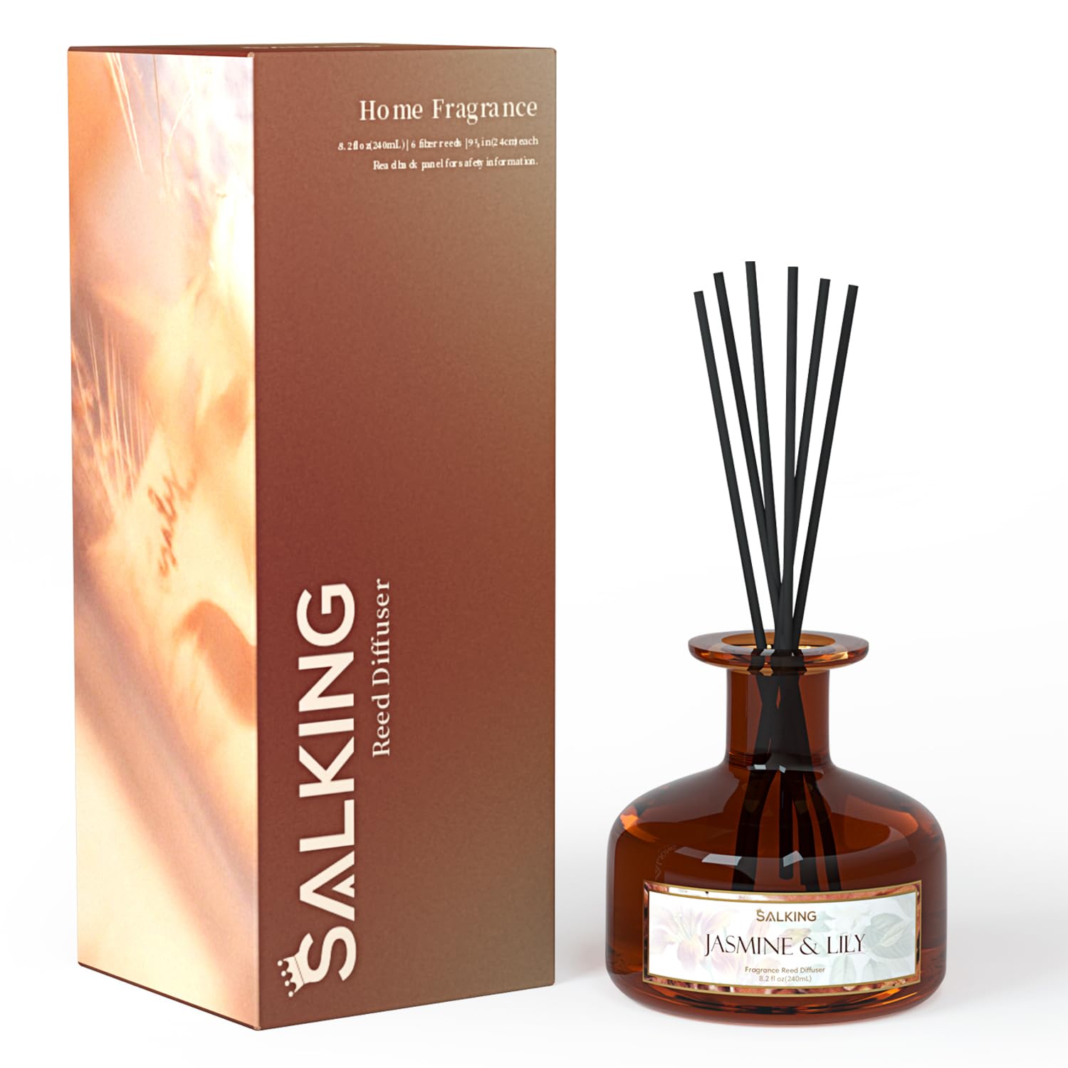 SALKING Jasmine & Lily Reed Diffusers Gift Set, 240ml Scented Diffuser with Sticks, Essential Oil Reed Diffuser Set for Home, Home Fragrance Oil Diffuser Sticks Set, New Home Gifts, Home Décor