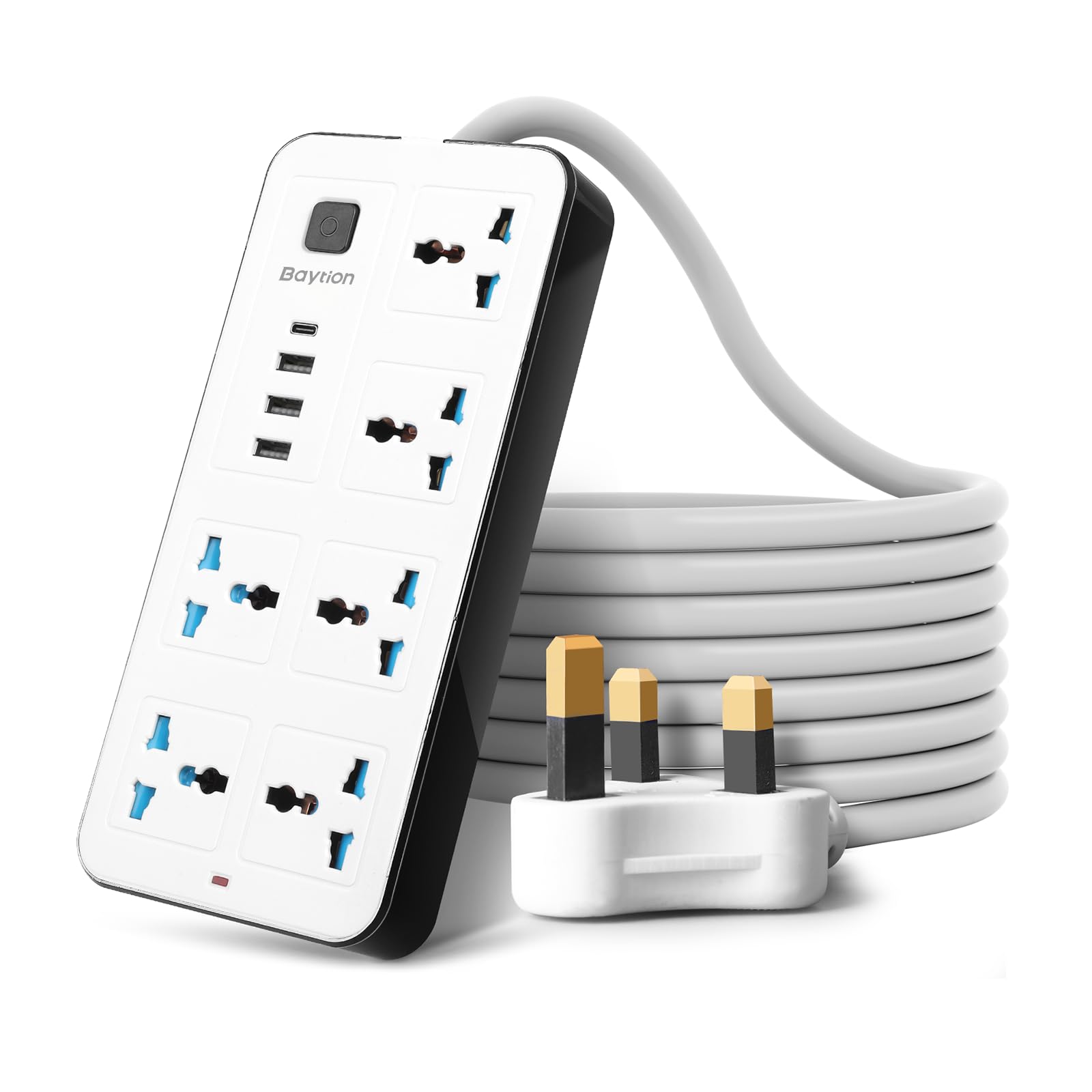 Baytion Universal Extension Lead with Multiple Function,UK Plug 3 Pin Socket Outlet with 6 Gang | 3 USB Port | 1 Type-C Port,1.8M Electric Socket Mains Strip for Home,Kitchen,and Office (White)