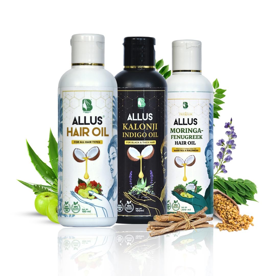 Allu's Hair Oil Allus Hair Oil|Allus Kalonji Indigo Oil|Allus Moringa-Fenugreek Hair Oil|For Men & Women & Children|Control Hair Fall & Dandruff - 100Ml X 3