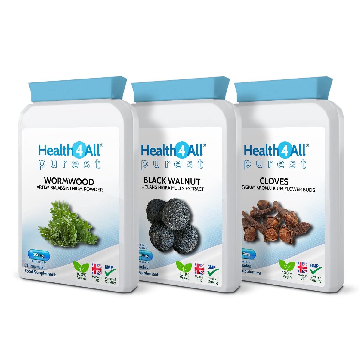 Health4All Wormwood, Black Walnut, Cloves Digestive Dewormer Detox Cleanse for Humans Set 3x90 Capsules. Vegan. Purest - no additives Detox Supplement