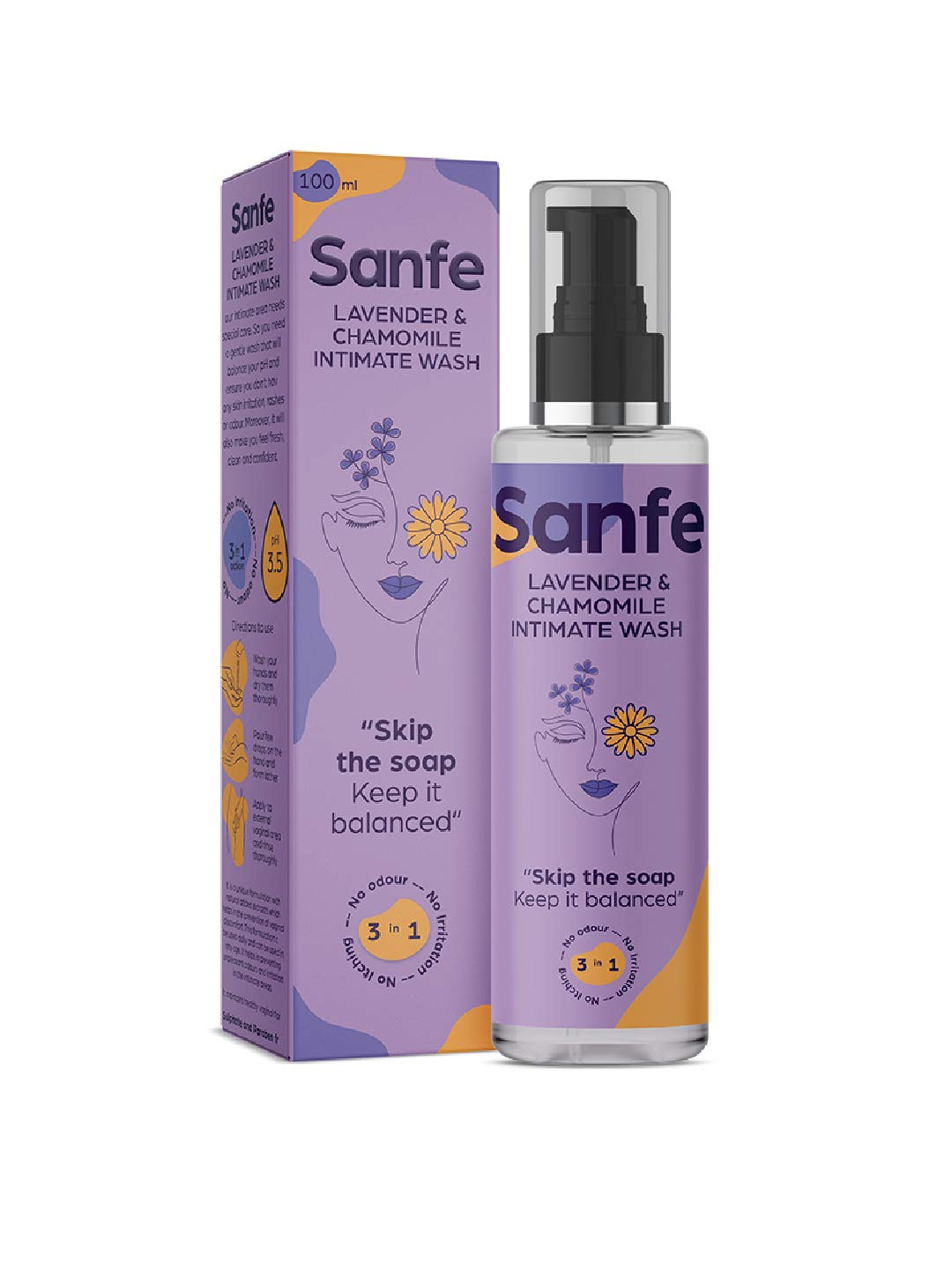 Sanfe Natural Intimate Wash, 3 In 1 - No Odour, No Itching, No Irritation (Lavender and Chamomile) (100ML Wash) | Feminine Wash | Intimate Hygiene | Dermatologically Tested | Chemical Free