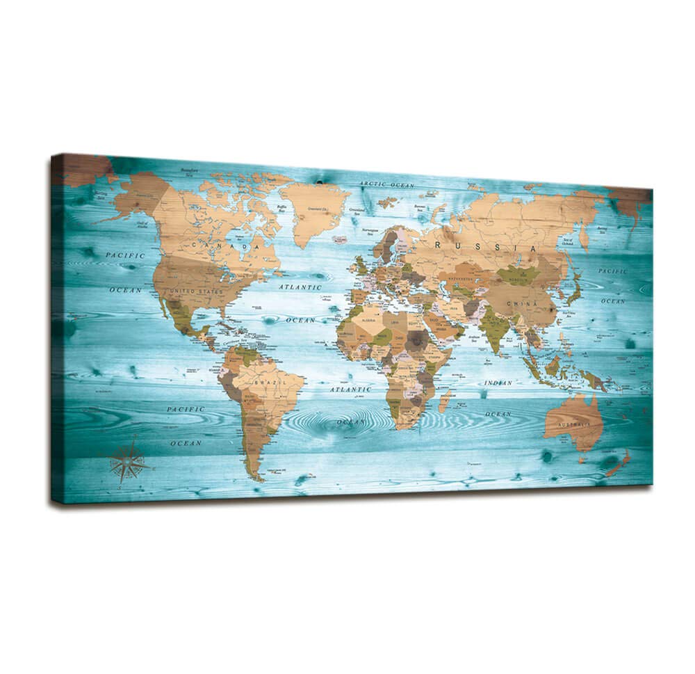 World Map Poster Wall Art for Office Decor Vintage Photos Canvas Prints Nautical Decor Large Modern Framed Art Map of The World Canvas Art Wall Maps Pictures for Living Room Home Decor 24 x 48 Inches